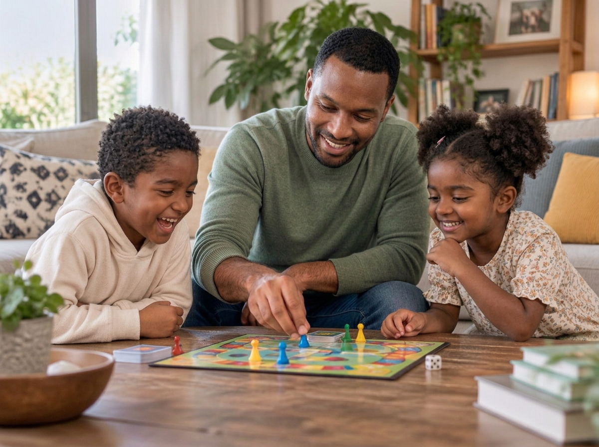 A father and his two children laughing together while playing a board game at home