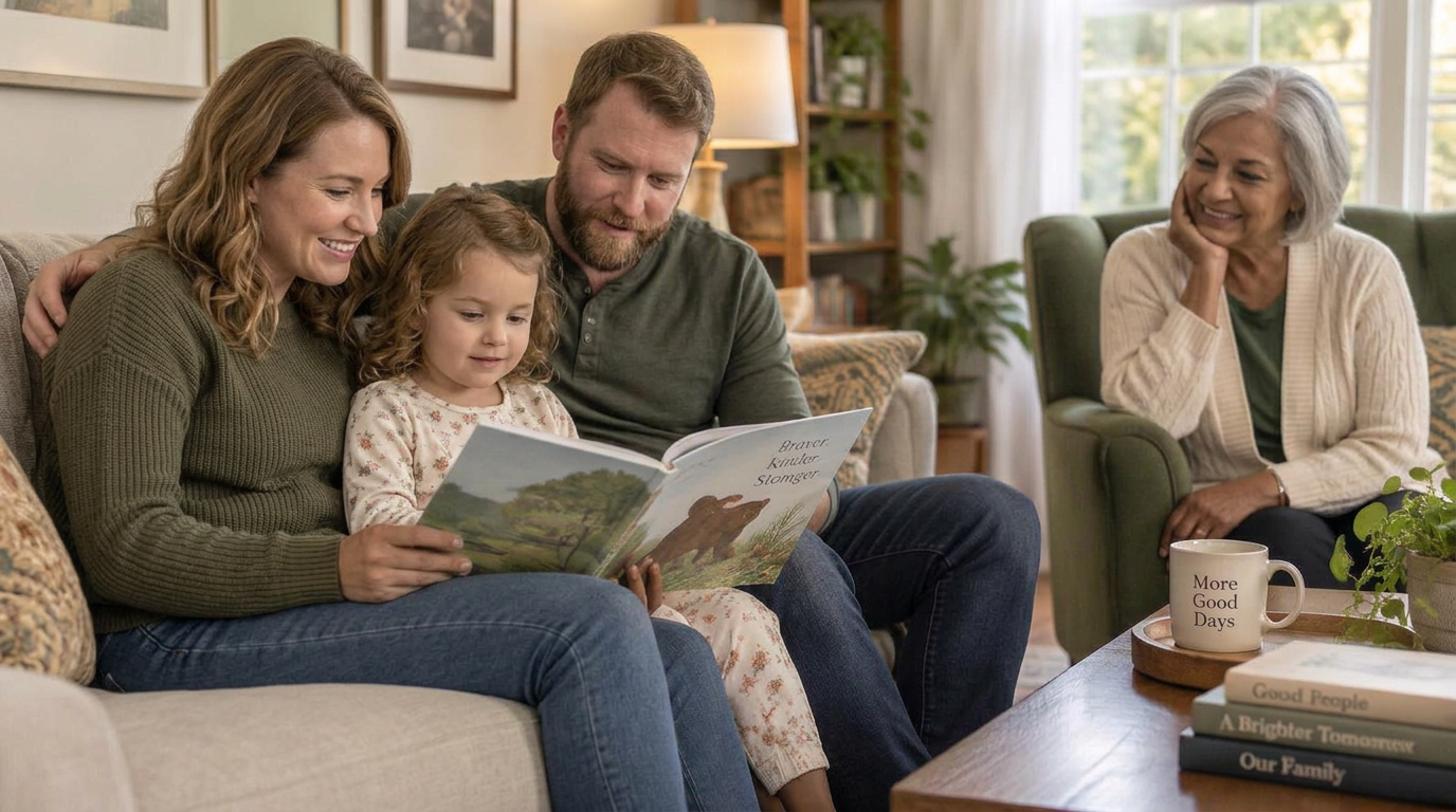 A family reading a picture book together at home — a mother, father, young daughter, and grandmother